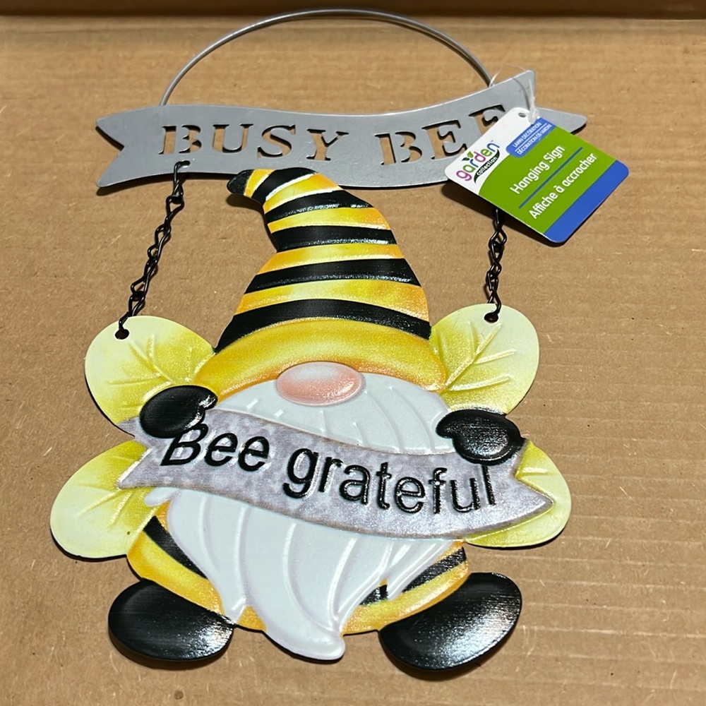 New Garden Collection “BUSY BEE - Bee Grateful” Gnome Hanging Metal Wall Sign